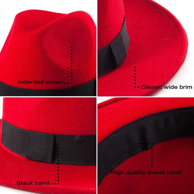 LADYBRO Felt Wide Brim Fedora Hats for Women Men Gift (Wool, Red, fits 22" - 22 7/8") - Image 3
